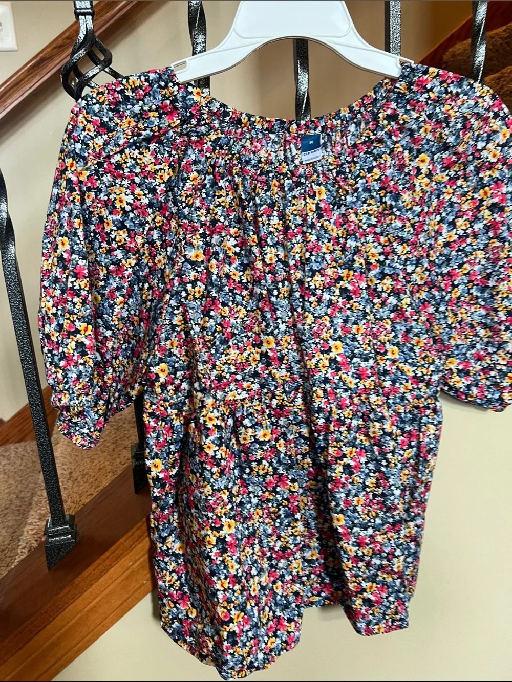 Floral Peasant Blouse with Puff Sleeves - Multicolor 100% cotton